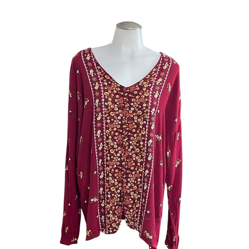 Lee Womens Floral Print Tunic Medium 100% Rayon Burgundy V-Neck Long Sleeve M